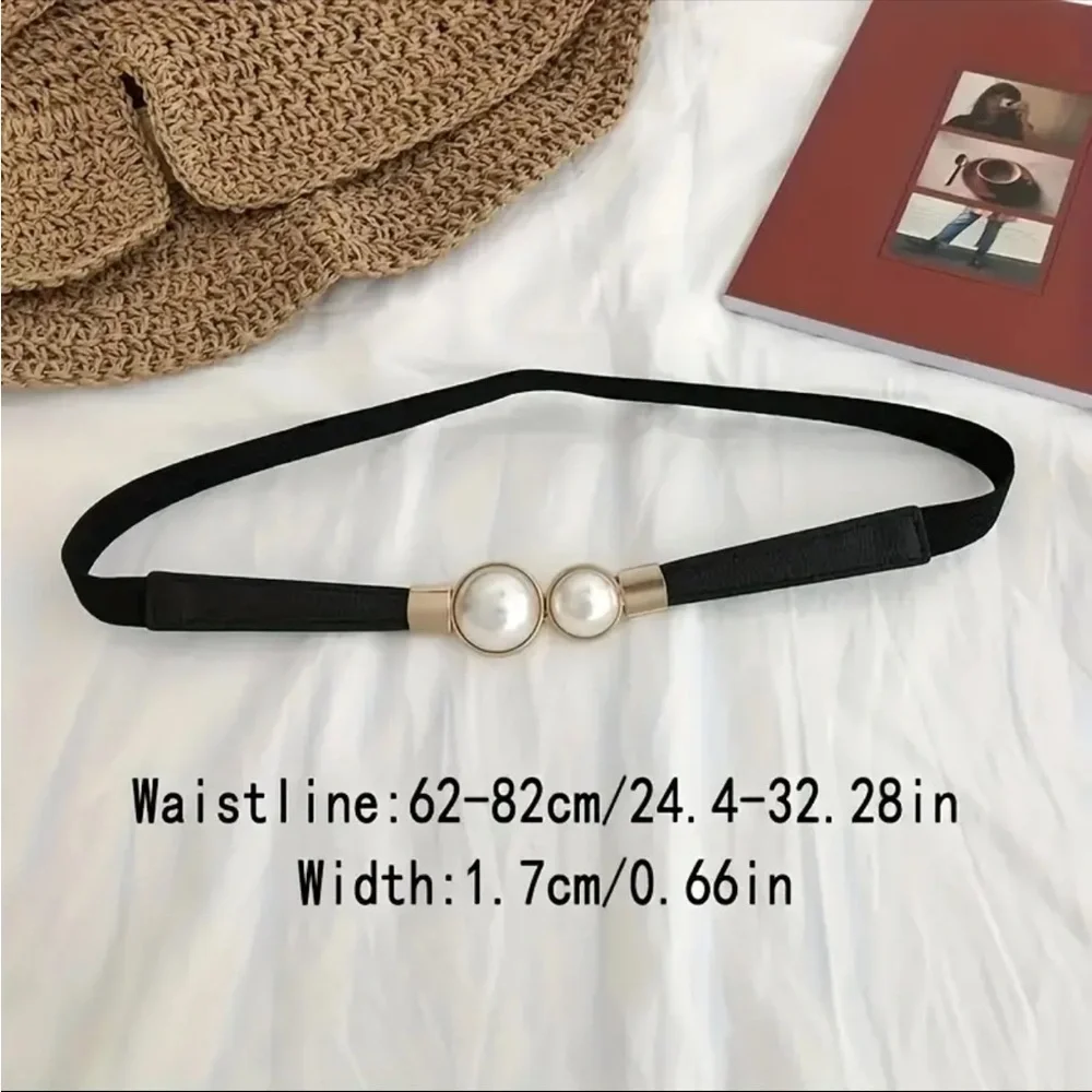 Thin Double Faux Pearl‎ Buckle Solid Color PU Leather Waist Thin Belt One Size